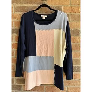 Allison Daley Women's Blue Colorblock 3/4 Sleeve Round Neck Knit T-Shirt Size 3X